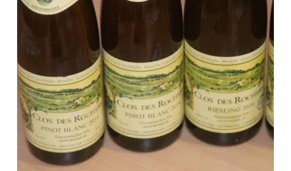 7 flessen à 75cl witte wijn CLOS DES ROCHERS, Grevenmacher Fels: 2x Pinot Blanc 2014,  4x Riesling 2017, 1x Riesling 2016, G-H Luxemburg